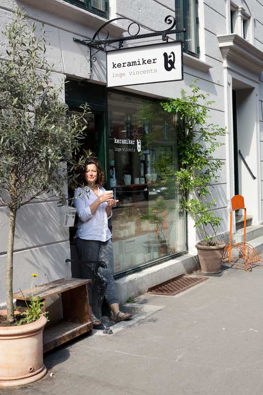 Ceramicist INge Vincents outside her shop