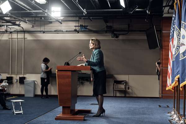 Congresswoman Nancy Pelosi addresses the press