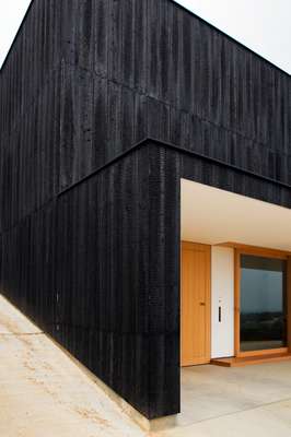 Close-up of the yaki sugi, burnt cedar cladding and garage door 