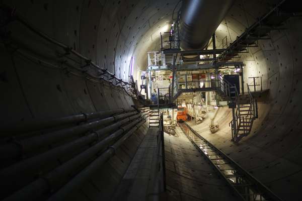 Inside a concrete tunnel shell underground