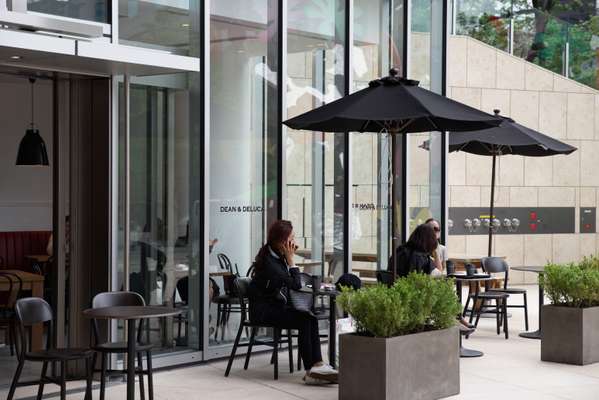 Outside seating at one of the complex's cafés