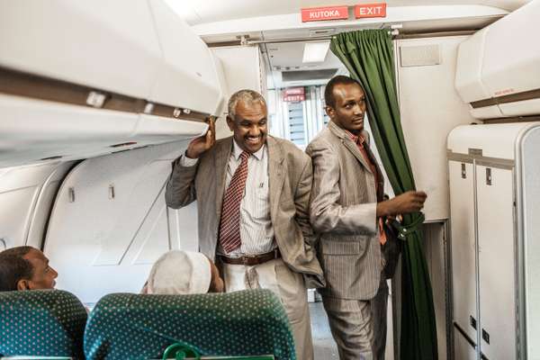 Business-class passengers boarding the leg to Mogadishu
