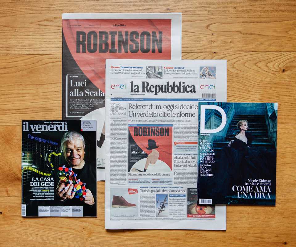 Daily newspaper ‘La Repubblica’ alongside weekly inserts ‘D’ magazine, ‘Il Venerdì’ and ‘Robinson’