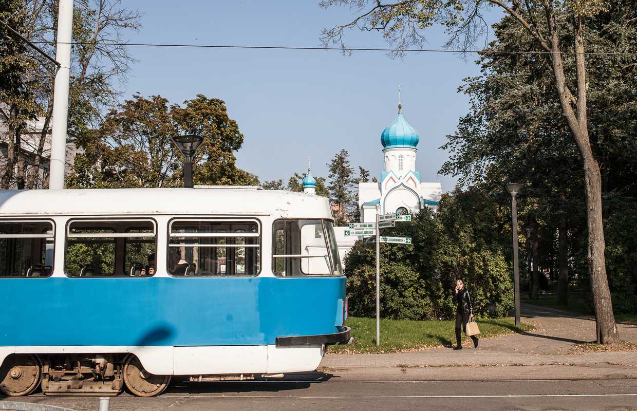 Soviet-era trams in central Daugavpils

