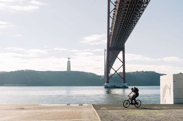 Section of cycle lane under the 25 de Abril bridge, Lisbon