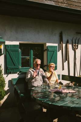 Jolly times amid farm tools 