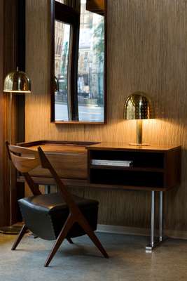 Desk by Haraldsøn Furniture Company and lamp by Pavo Tynell, Finland   