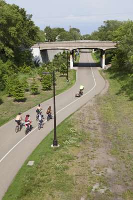 Midtown Greenway bike trai, along a converted rail corridor