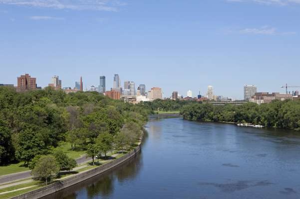 Minneapolis's buoyant skyline of metal and glass, and the Mississippi.