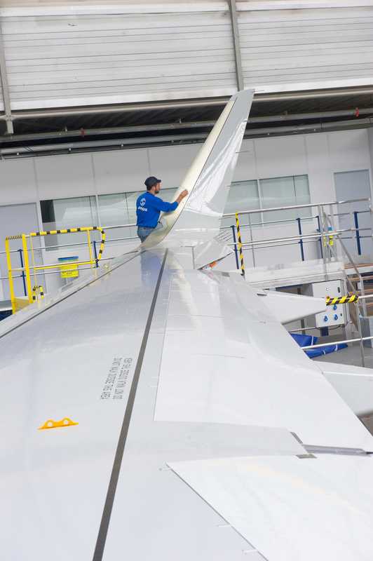 Installation of the A320 Sharklet, a specialised wingtip to reduce fuel burn 