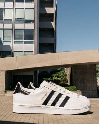 Giant pair of Superstar trainers, one of Adidas’s signature models 