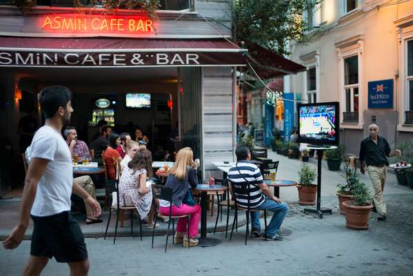 International basketball game shown on a side street near Taksim Square