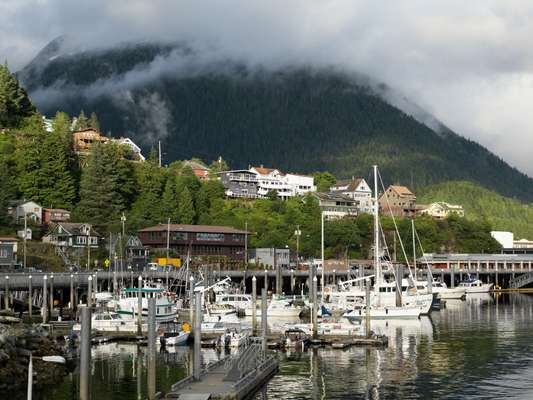 Houses on the hill above Ketchikan’s boat harbour
