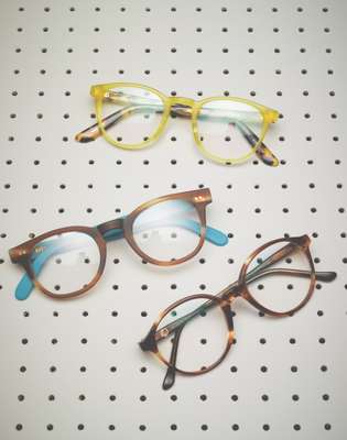 Handmade spectacles: (top to bottom) Yellow Plus, RVS by V, Lunettes Kollektion