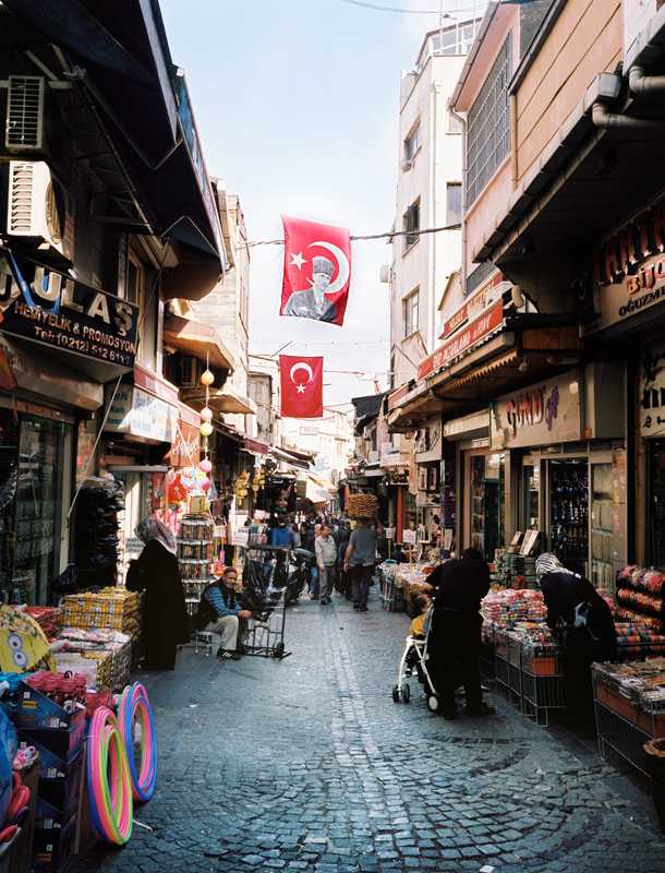 Main market place adorned with flags of Ataturk