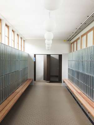 Classic Swiss metal-mesh lockers in the changing rooms