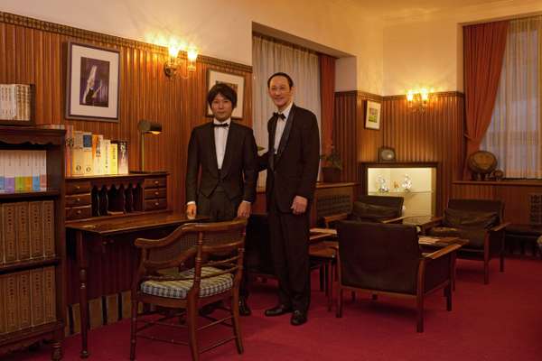 Barmen Naoki Hasegawa (left) and Shin Onuma in the lounge at the Hilltop Hotel