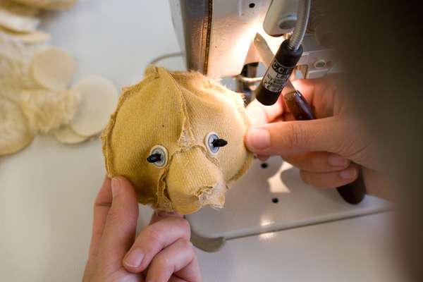 A teddy bear in production. The head is made by hand 