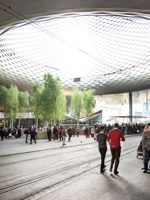 Arrivals beneath the exhibition-centre roof 