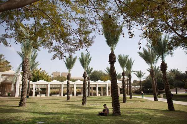 A student takes a break outside Ben-Gurion University, Be'er-Sheva