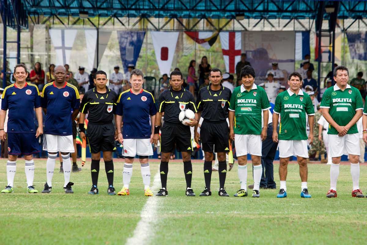 Colombia led by President Santos challenged Evo Morales (third from right) and Bolivia to a game of football