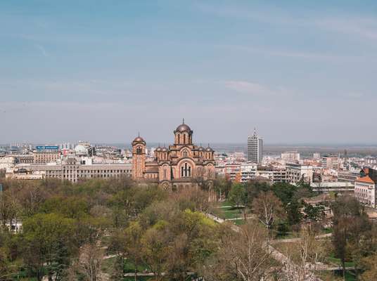 View across Tasmajdan Park to St Mark’s Church in Belgrade