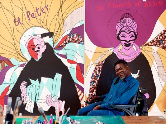 The artist has blended African 	and Christian iconography for 	his new show 
