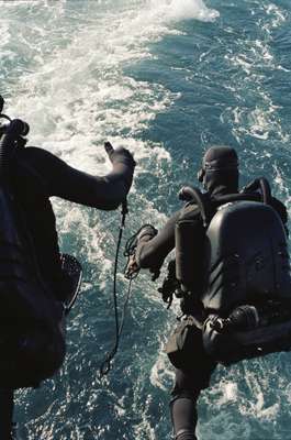 Sailors jumping into the sea to disarm a mock bomb