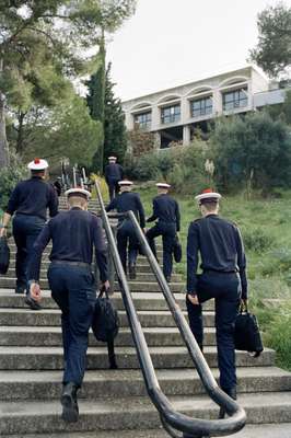 French sailors heading for lunch wearing standard-issue caps
