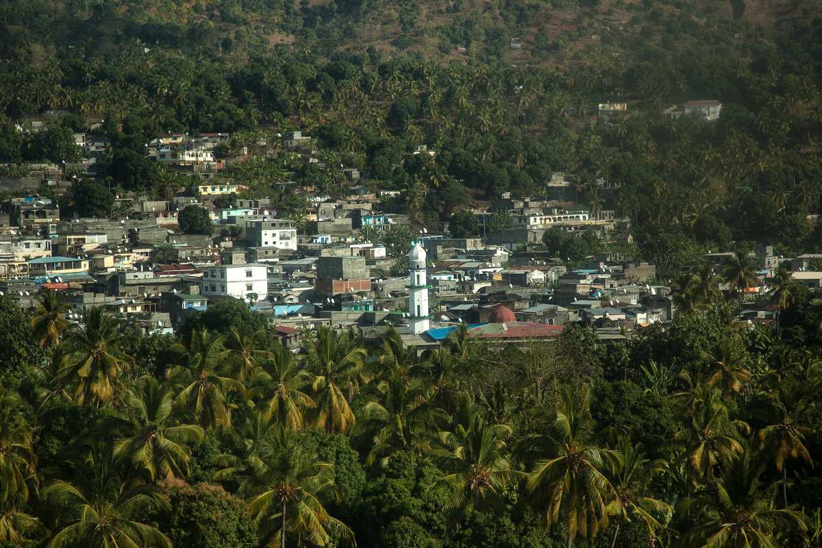 A minaret towers above a hinterland town on Anjouan