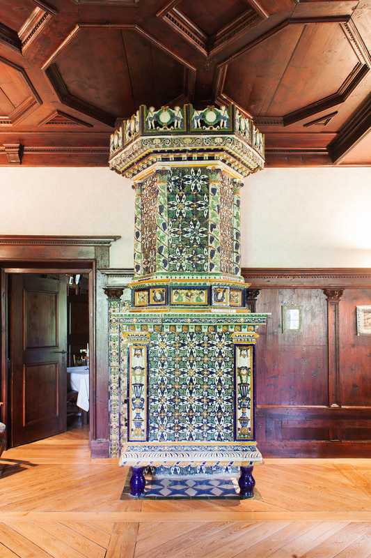Austrian furnace from the 17th century covered in glazed majolica tiles 