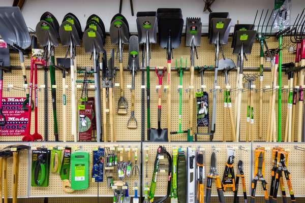 Gardening tools display at Division Do It Best Hardware, Portland