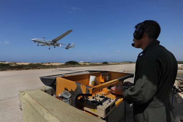 Israeli Air Force officer flies a Heron 1 UAV made by IAI (Israel Aerospace Industries)