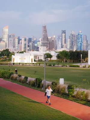 Al Bidda Park at dusk 