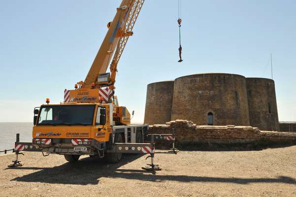 Crane lifting 649kg Check sculpture to roof of Martello Tower