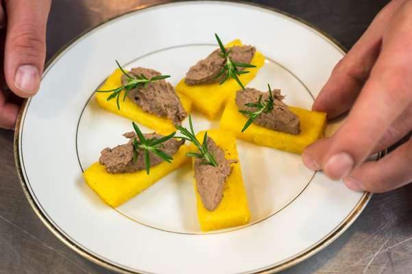 Crostini of fried polenta with chicken-liver pate