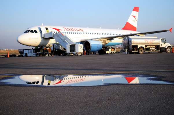 An Austrian Airlines plane on the runway at Arbil airport