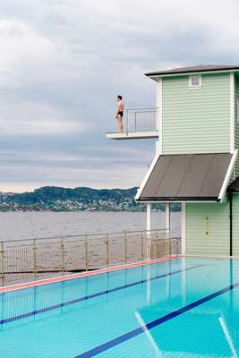 About to dive into the sea at Nordnes Sjøbad