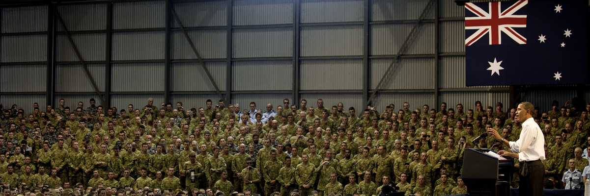 US President Barack Obama addresses Australian troops and US Marines at RAAF Base Darwin on 17 November 2011