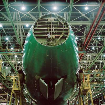 The nose of a passenger aircraft version of Boeing 747-8 