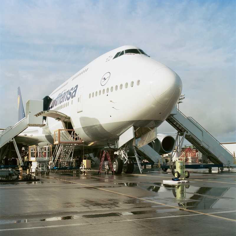 A Boeing 747-8 being completed for Lufthansa