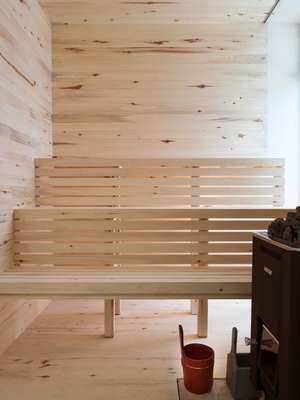 Interior of the aspen wood sauna, which has views over the Atlantic Ocean