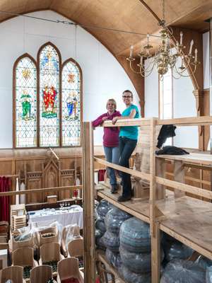 Nina McGrath (left) and Heather Morton, looking after storage from the inn at a deconsecrated church nearby, which will become a concert hall