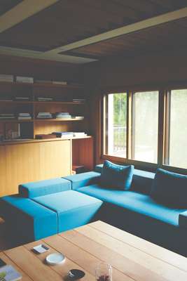 Yanagihara’s upstairs office space, complete with turquoise sofa