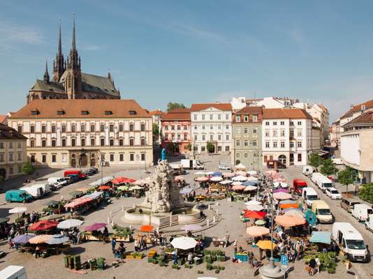 Zelny Square overlooked by the neo-gothic spires of the Cathedral of Saint Peter and Paul 