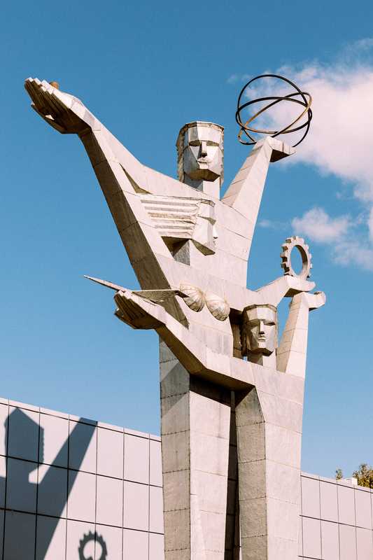 Statues celebrating science adorn the grounds of the 1960s ExpoGeorgia exhibition centre