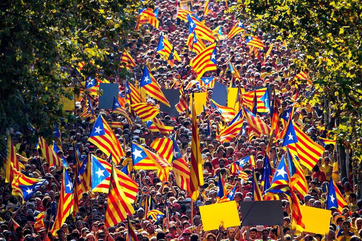 Demonstrators waving pro-independence Catalan flags during a rally as part of the celebrations of the National Day of Catalonia in Barcelona.