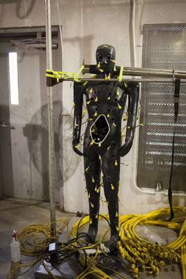 Natick test dummy wearing a profusion of heat sensors