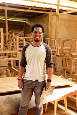 Product designer Satya Bramantya at his woodworking studio 