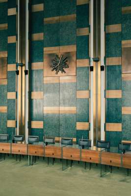 Doors in the council room with medallions by Jean-Pierre Demarchi 
